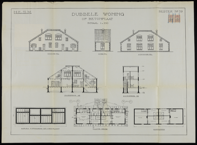 858558 Opstanden, doorsneden en plattegronden voor de vijf dubbele dienstwoningen van de H.E.S.M. op de trajecten ...